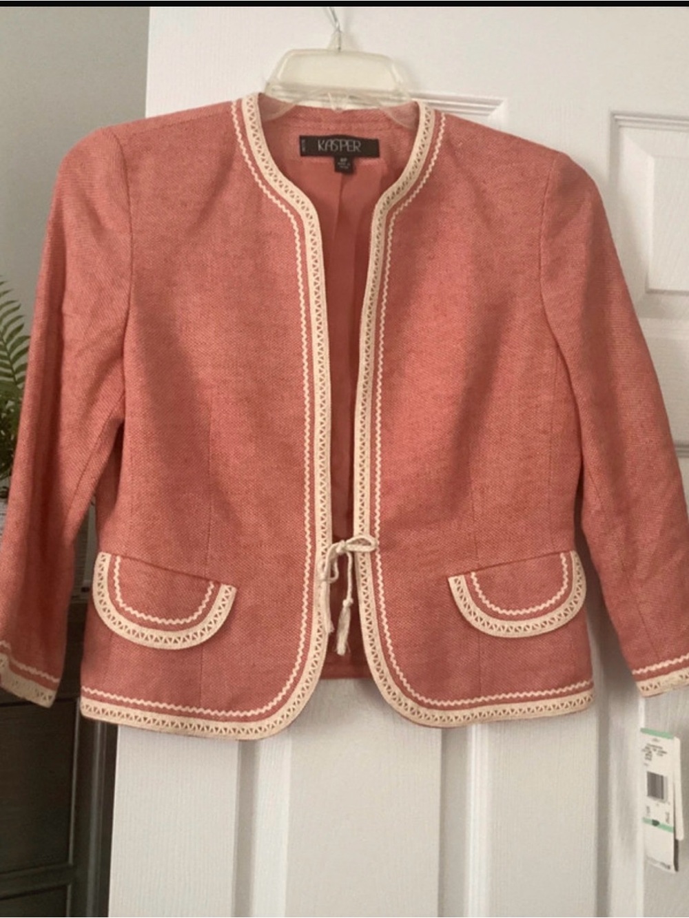 Kasper Coral Open-Front Cropped Jacket with Cream Trim